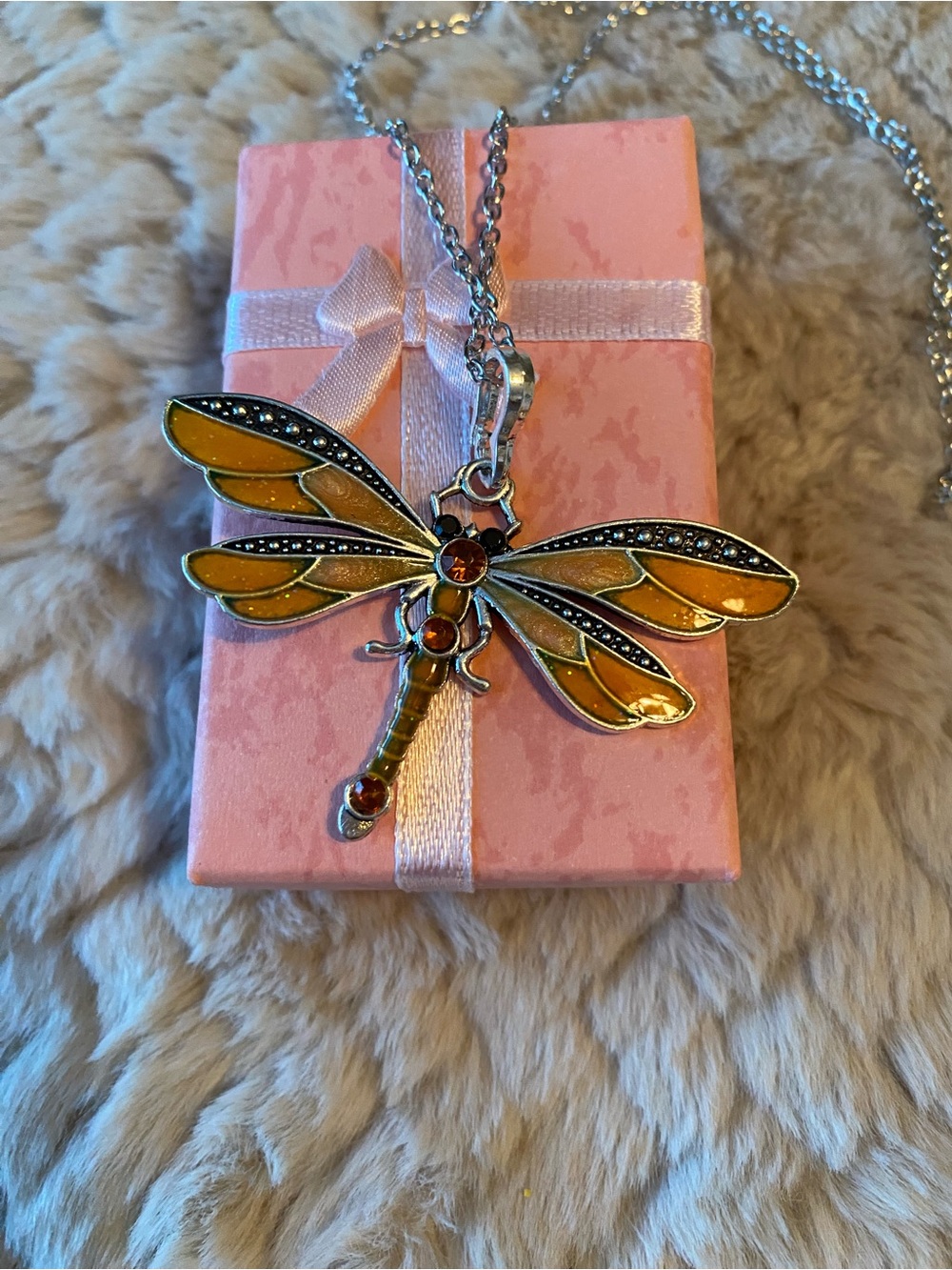 🌸 Dragonfly Necklace in Orange and Silver with adjustable Chain